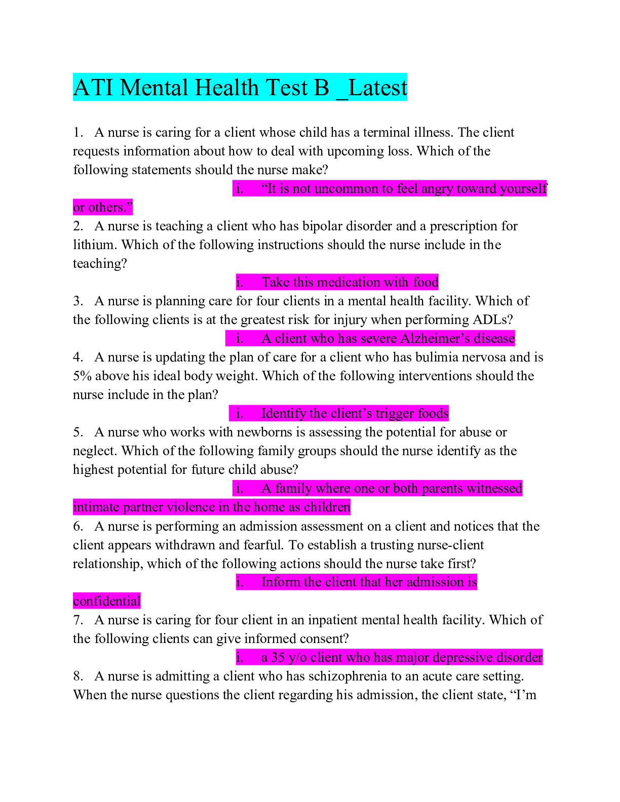 Preview image for ATI Mental Health Test B _Latest,100% CORRECT